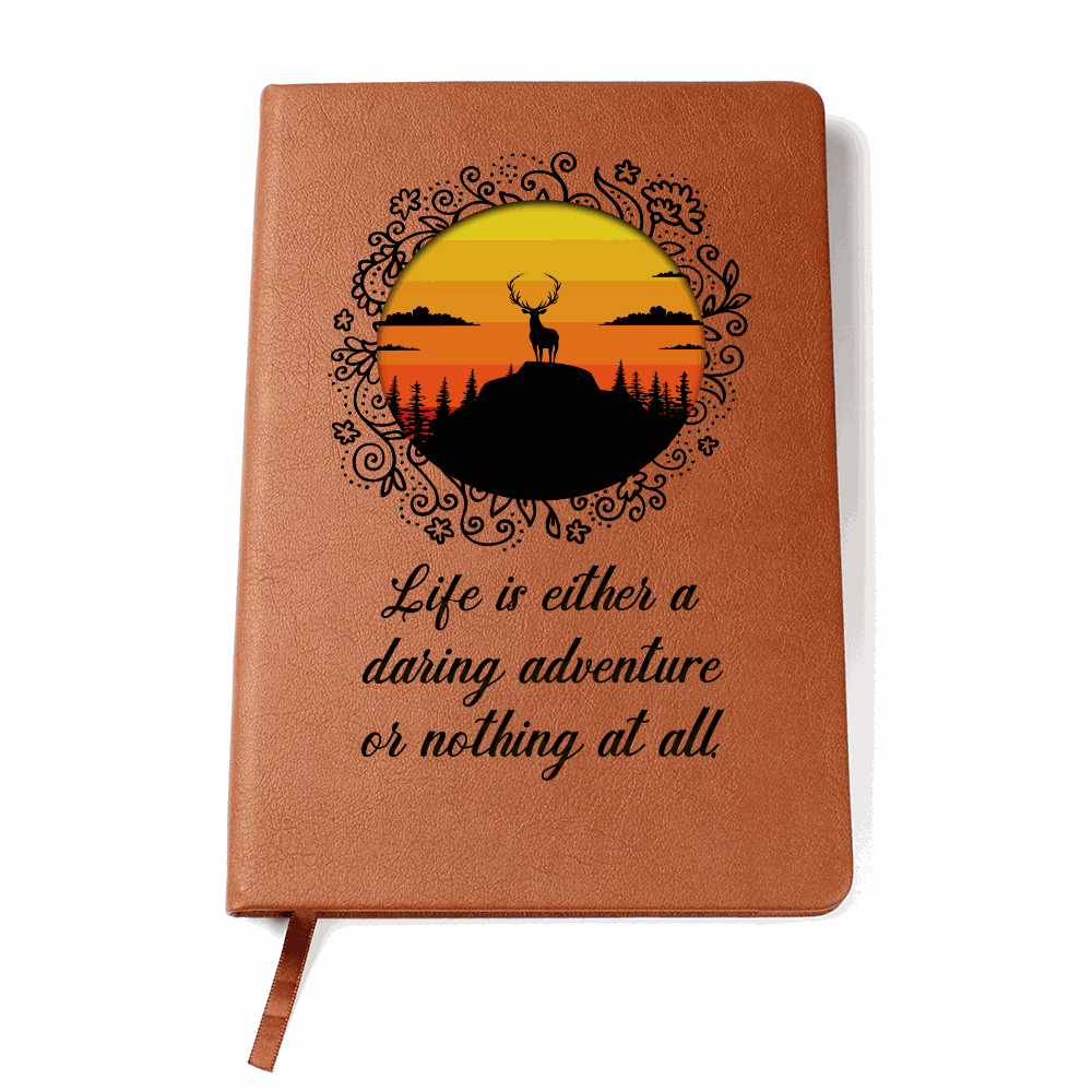 Adventure Seeker Journal with wilderness sunset design on vegan leather cover.