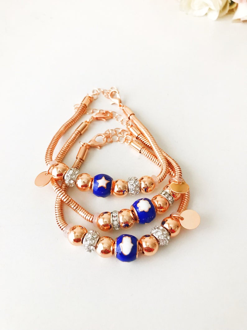 Blue Pandora Charm Bracelet, Rose Gold Chain Bracelet, Lucky Pandora