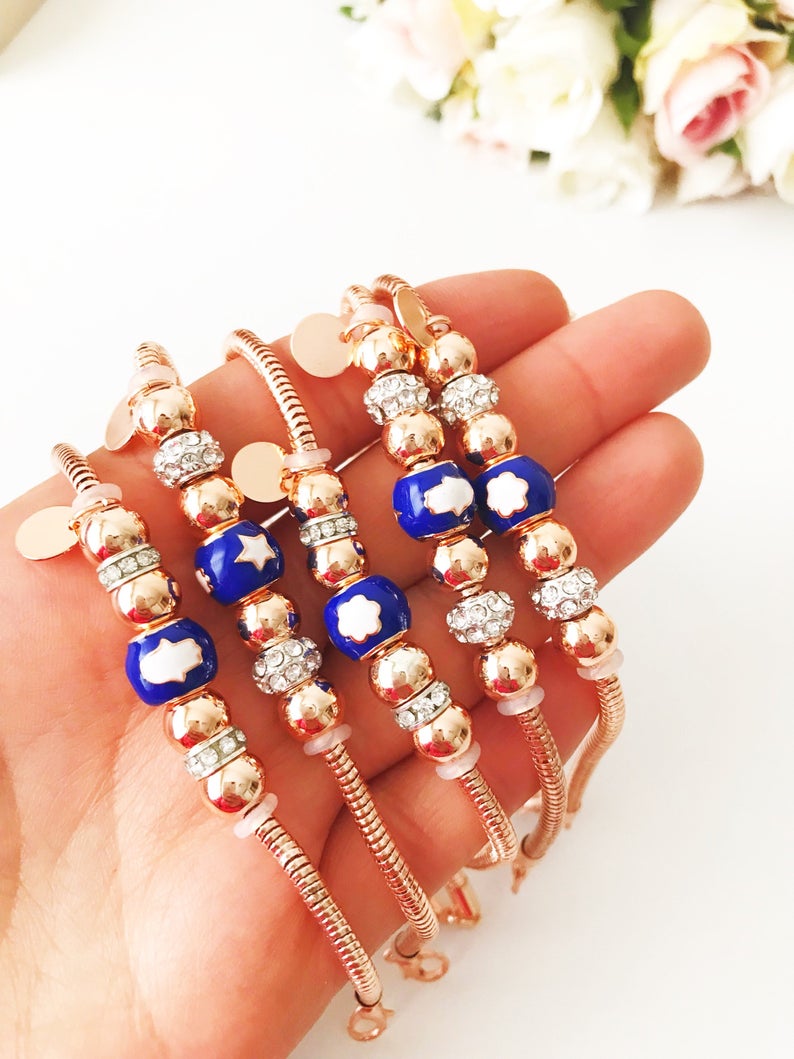 Blue Pandora Charm Bracelet, Rose Gold Chain Bracelet, Lucky Pandora