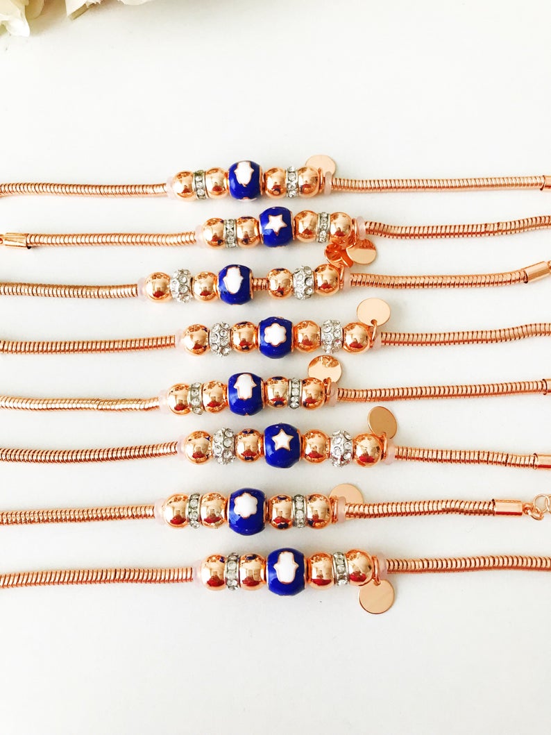 Blue Pandora Charm Bracelet, Rose Gold Chain Bracelet, Lucky Pandora