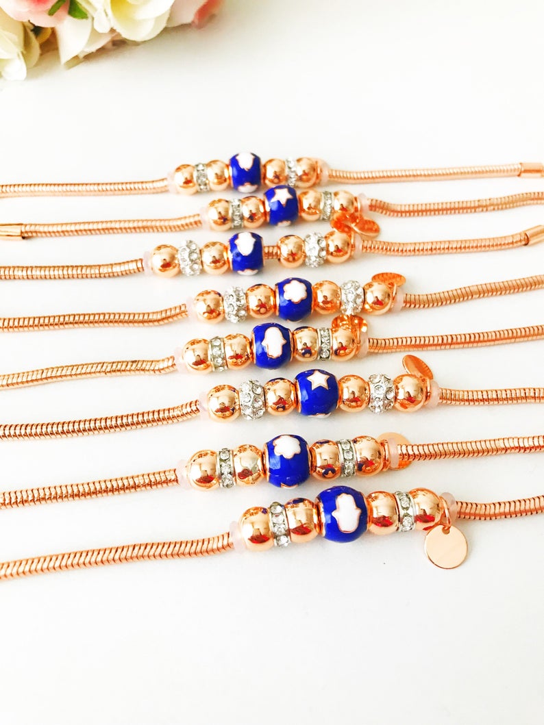 Blue Pandora Charm Bracelet, Rose Gold Chain Bracelet, Lucky Pandora
