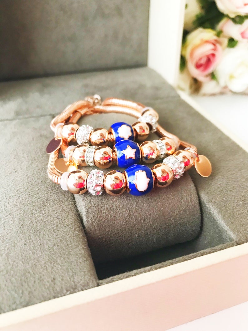 Blue Pandora Charm Bracelet, Rose Gold Chain Bracelet, Lucky Pandora