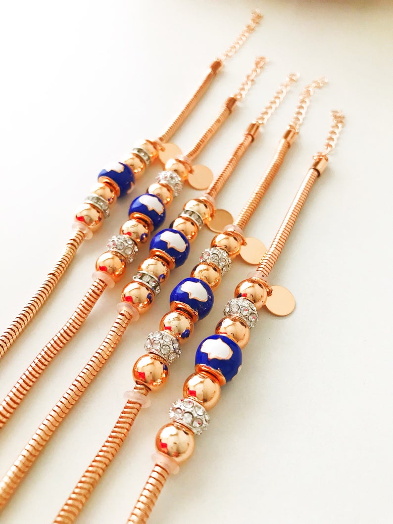 Blue Pandora Charm Bracelet, Rose Gold Chain Bracelet, Lucky Pandora