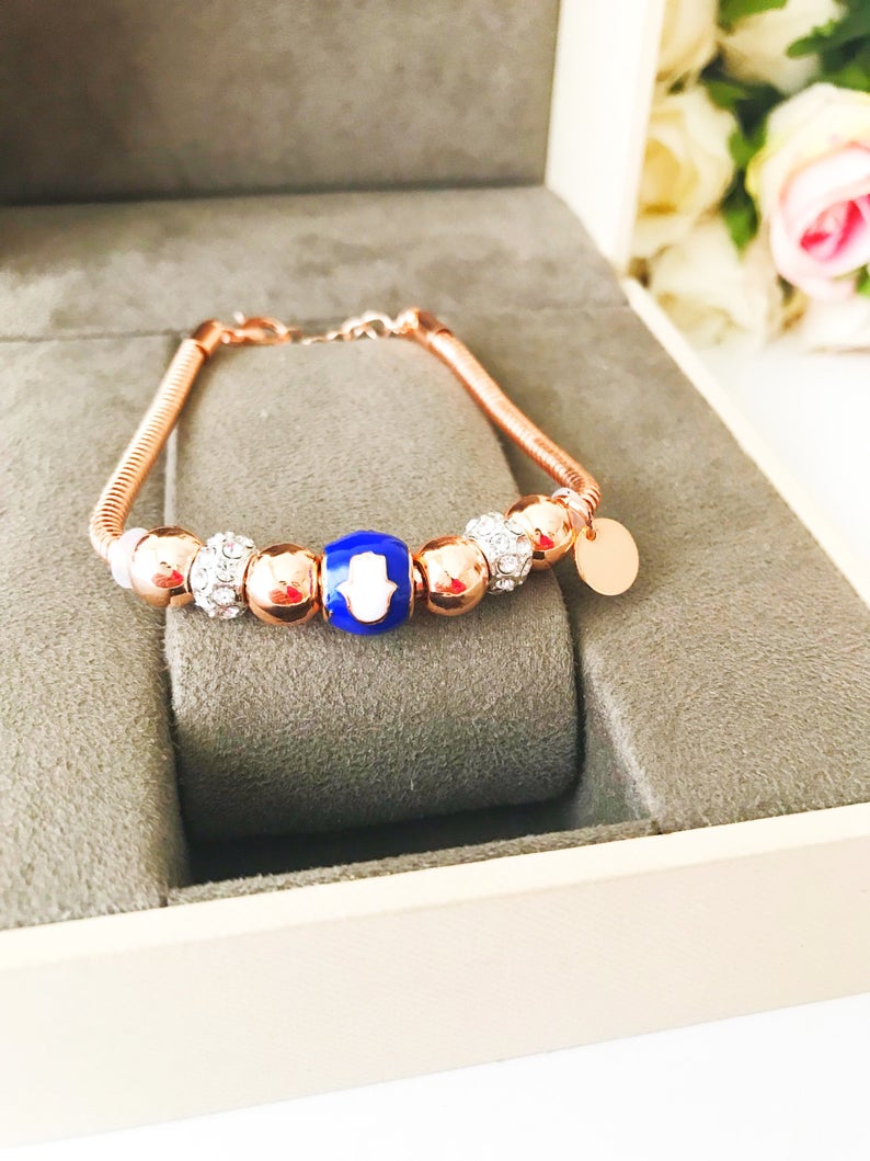 Blue Pandora Charm Bracelet, Rose Gold Chain Bracelet, Lucky Pandora