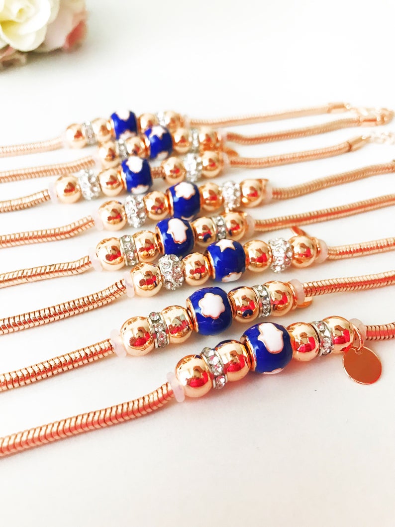 Blue Pandora Charm Bracelet, Rose Gold Chain Bracelet, Lucky Pandora
