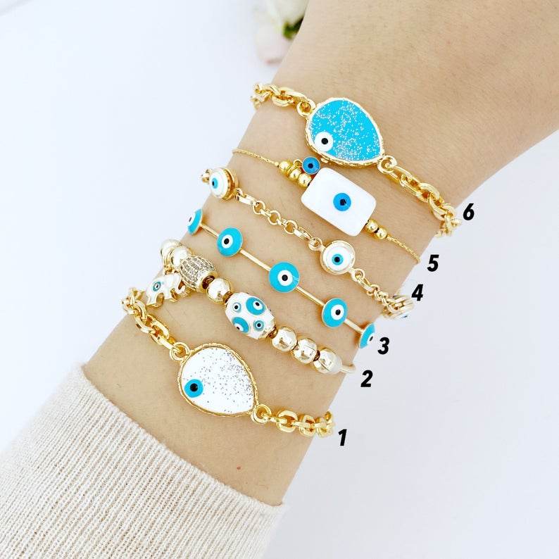 Gold Evil Eye Bracelet, Cuff Bracelet, Blue Evil Eye Bracelet, Chain