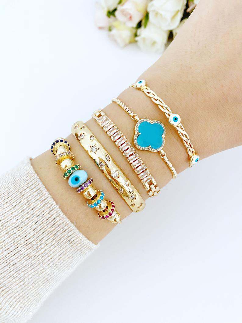 Evil Eye Bracelet, Blue Glass Pandora Charm, Evil Eye Cuff Bracelet,