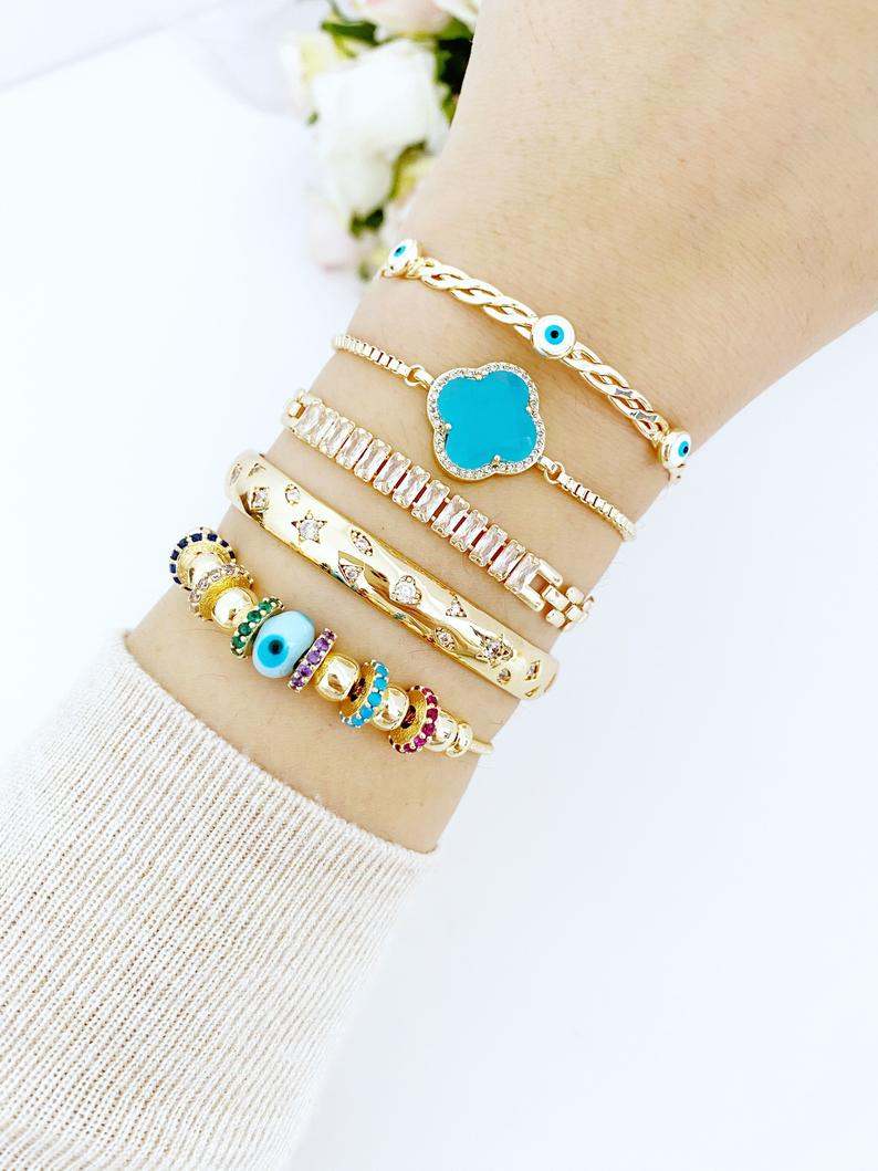 Evil Eye Bracelet, Blue Glass Pandora Charm, Evil Eye Cuff Bracelet,