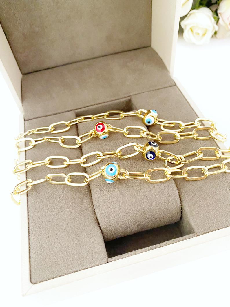 Gold Oval Link Chain Bracelet, Evil Eye Pandora Charm Bracelet,
