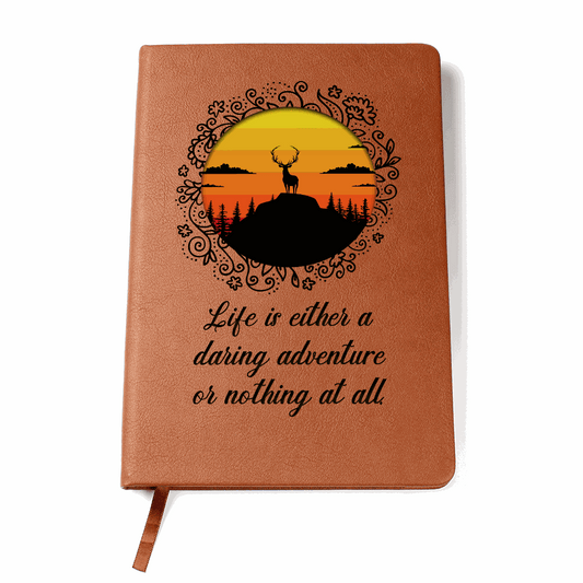 Adventure Seeker Journal with wilderness sunset design on vegan leather cover.