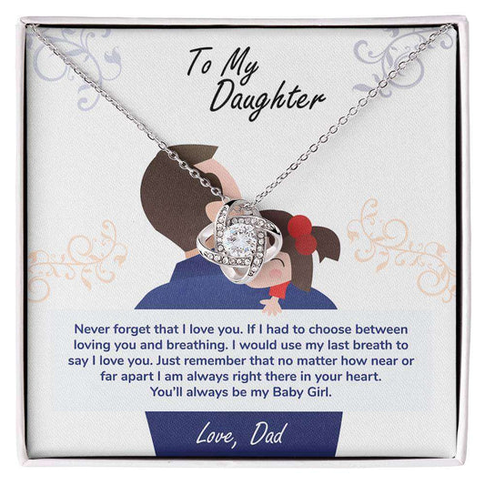 Elegant Love Knot Necklace with cubic zirconia, symbolizing unbreakable bond, in presentation box with heartwarming message for daughter.