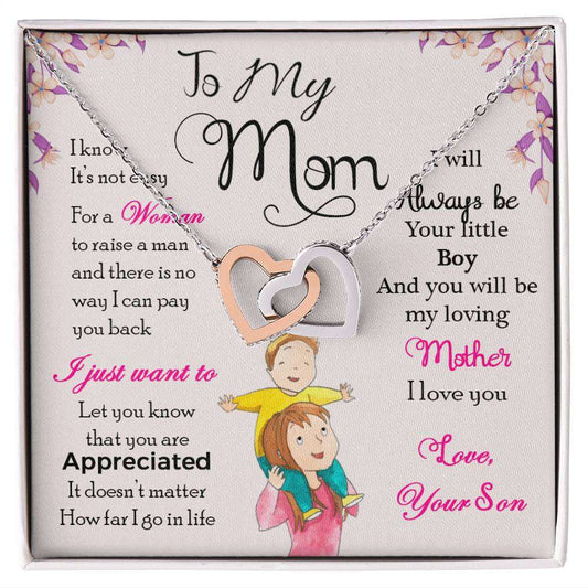Interlocking Hearts necklace with message for mom, featuring CZ crystals, in a gift box.
