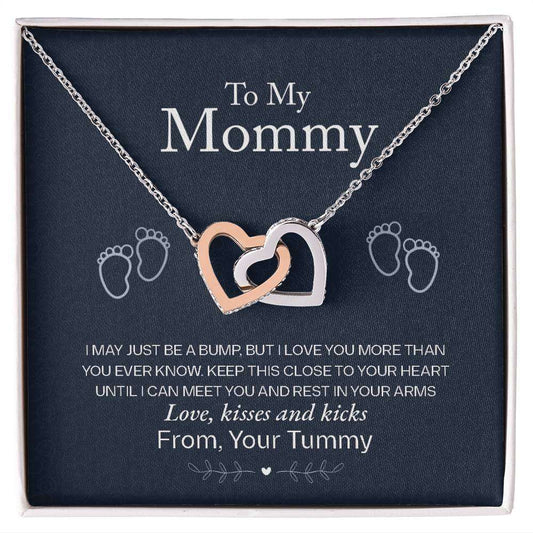 Interlocking Hearts necklace with cubic zirconia in gift box, "To My Mommy" message card.
