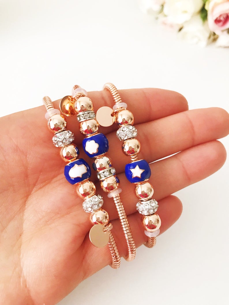 Blue Pandora Charm Bracelet, Rose Gold Chain Bracelet, Lucky Pandora