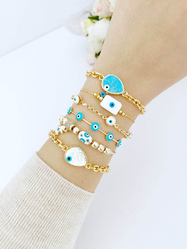 Gold Evil Eye Bracelet, Cuff Bracelet, Blue Evil Eye Bracelet, Chain