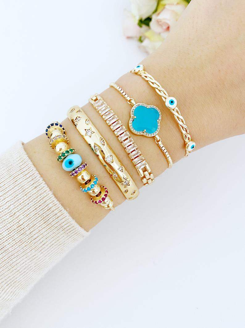 Evil Eye Bracelet, Blue Glass Pandora Charm, Evil Eye Cuff Bracelet,