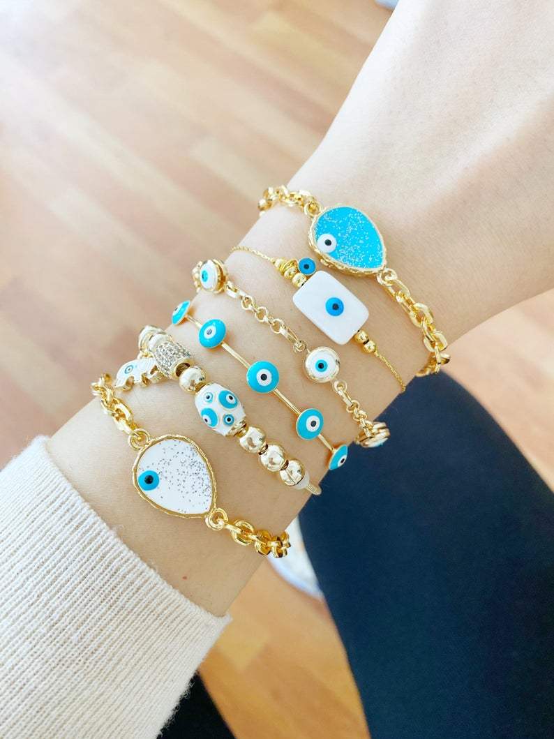 Gold Evil Eye Bracelet, Cuff Bracelet, Blue Evil Eye Bracelet, Chain
