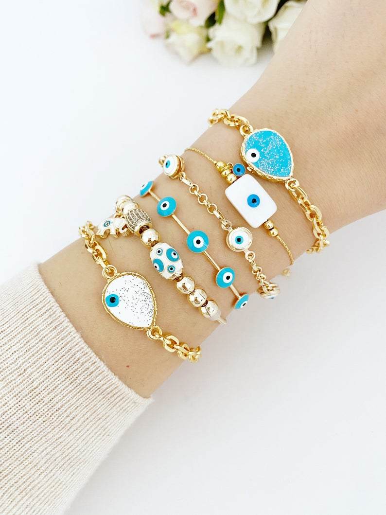 Gold Evil Eye Bracelet, Cuff Bracelet, Blue Evil Eye Bracelet, Chain