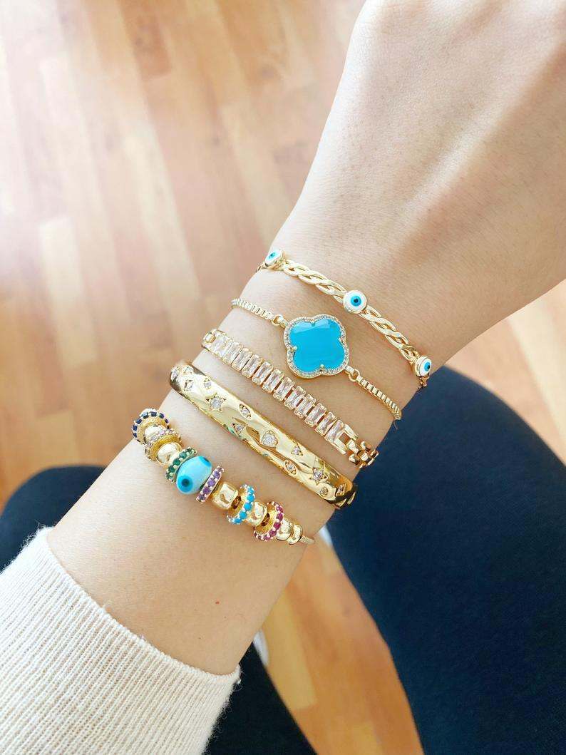 Evil Eye Bracelet, Blue Glass Pandora Charm, Evil Eye Cuff Bracelet,
