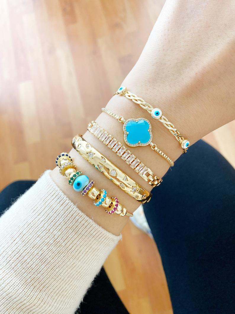 Evil Eye Bracelet, Blue Glass Pandora Charm, Evil Eye Cuff Bracelet,