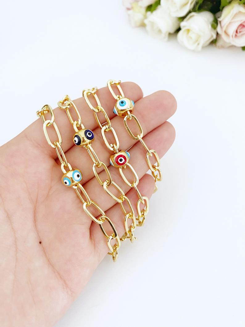 Gold Oval Link Chain Bracelet, Evil Eye Pandora Charm Bracelet,