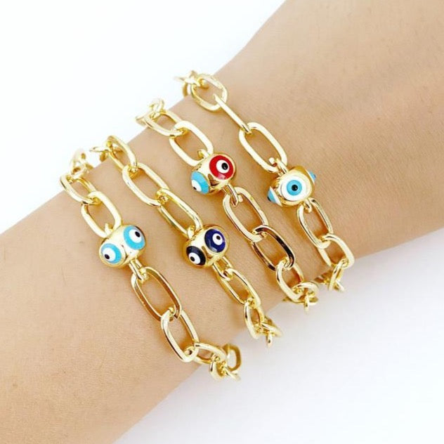 Gold Oval Link Chain Bracelet, Evil Eye Pandora Charm Bracelet,